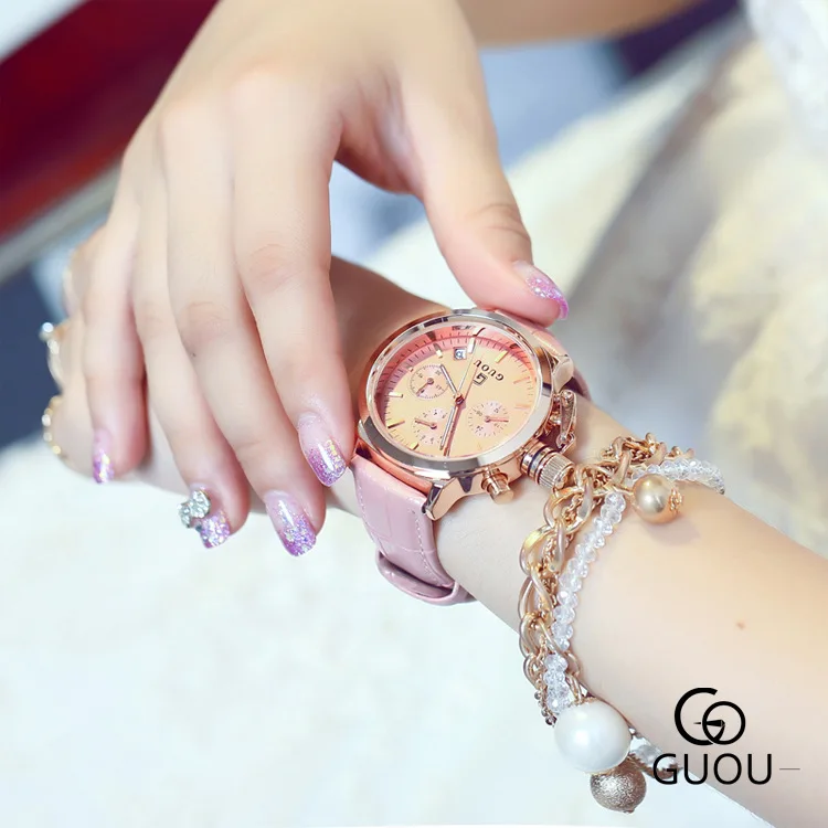 Часы GUOU модные повседневные женские 3 календарь с глазами кожа Hardlex под платье