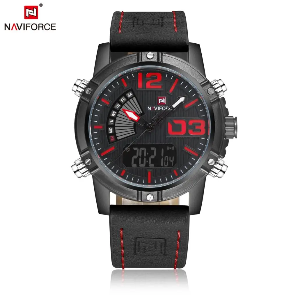 Black Red Топ люксовый бренд NAVIFORCE мужские спортивные часы водонепроницаемые кварцевые часы мужские модные кожаные Наручные часы Relogio Masculino - Цвет: Black Red