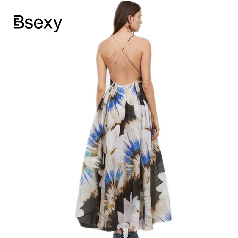 Boho Chic Women Flowery Print Sundress 2019 Sexy Deep V neck Cross Backless Long Beach Dress Spaghetti Strap Maxi HOliday | Женская