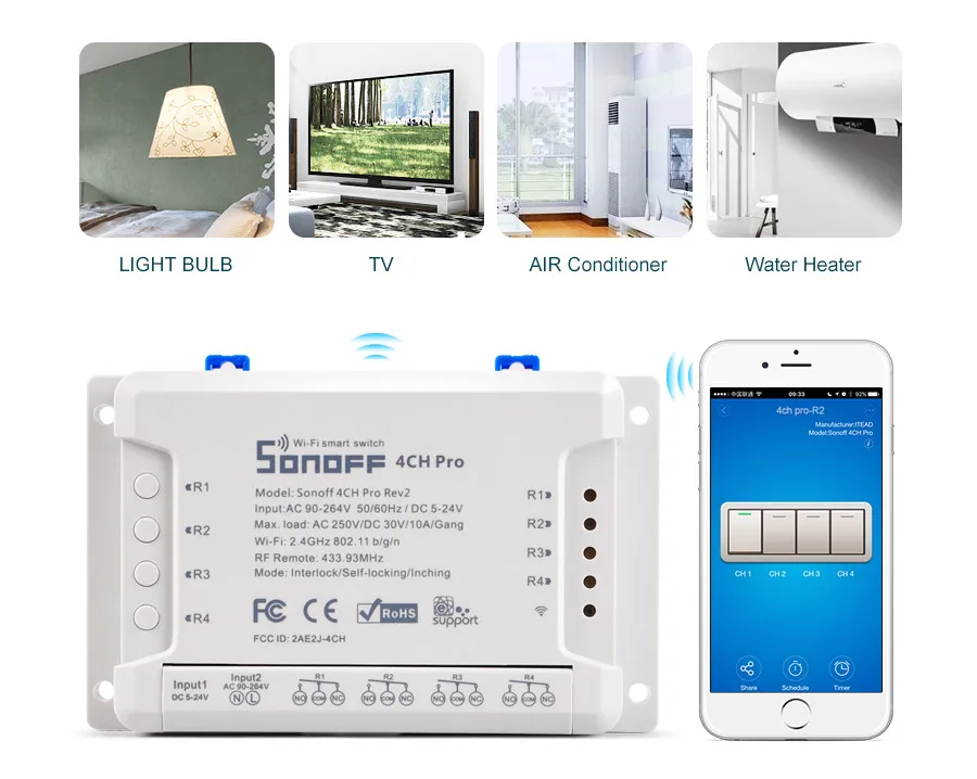 Интеллектуальный выключатель света Sonoff 4CH Pro R2 Смарт Wi-Fi выключатель света 4 Gang 3 режима работы толчковой самоблокирующиеся RF/переключатель Wi-Fi работает с Amazon Alexa