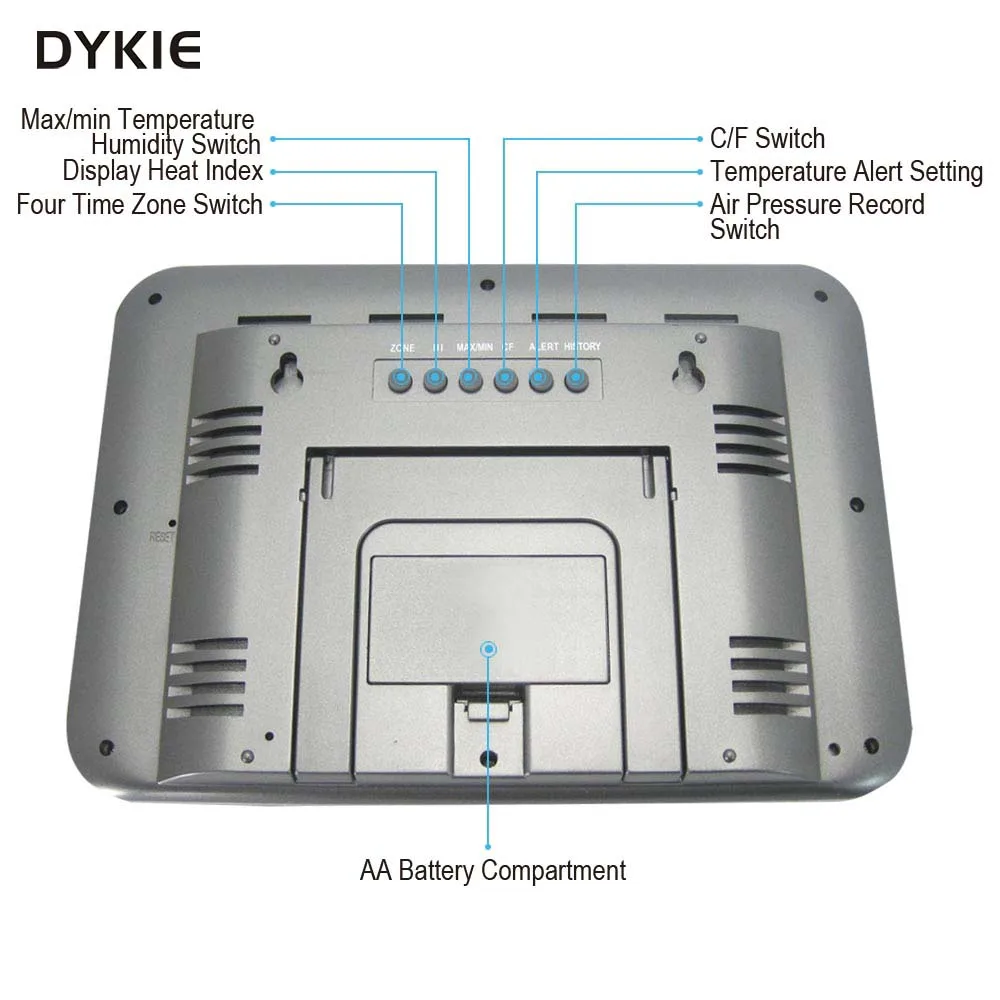 Бесплатная доставка DYKIE цифровая беспроводная метеостанция с будильником Двойной будильник Внутренний наружный термометр Гигрометр Барометр On.