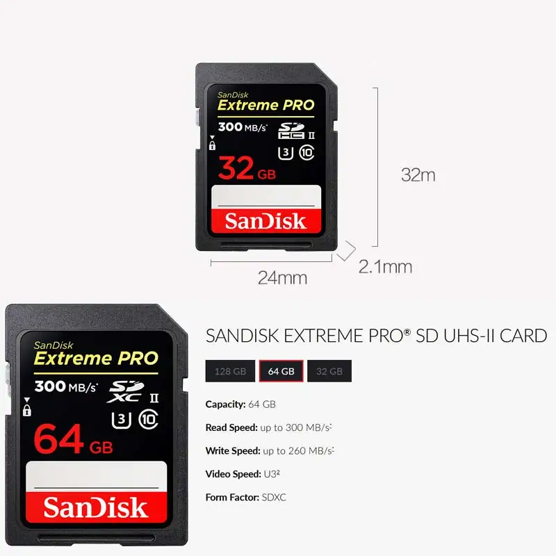 Карта флеш памяти Sandisk 64 ГБ скорость до 300 МБ/с./с Extreme Pro SDHC U3 класс 10 SDXPK для