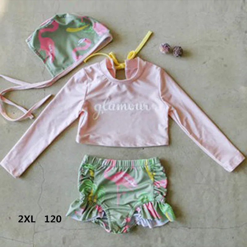 2XL 120 В Корейском стиле для девочек; Модный Купальник с длинным рукавом для защиты от солнца 2 шт. купальный костюм для детей младшего возраста с красивым детские купальные костюмы с завышенной талией YZ19040 - Цвет: 2XL 120