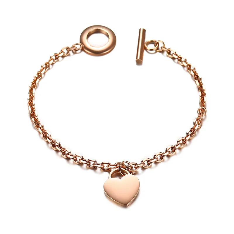 Stylish Rose Gold Tone Women's Heart Tag Charm Toggle Bracelet Personalised Stainless Steel Trendy Woman Jewelry | Украшения и