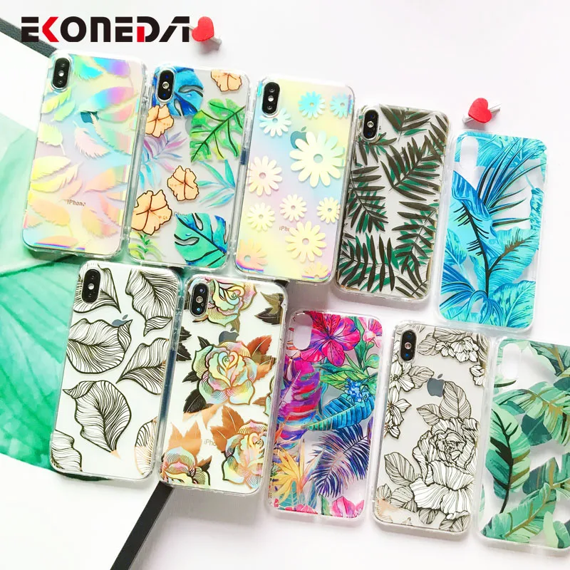 EKONEDA Laser Print Case For iPhone X XS Max XR Floral Leaf Feather 6S 7 8 Plus Silicone Soft Cover |