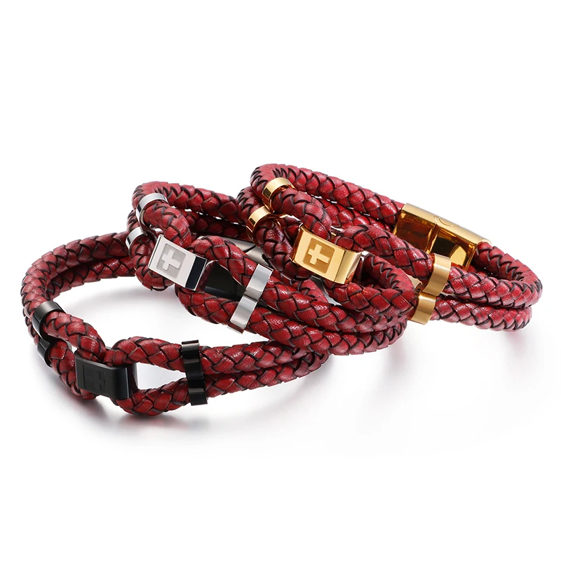 KALEN Stainless Steel Bulgaria GoldBlack Cross Charm Bracelets Men 21cm Double Layer BlackRed Leather Jewelry | Украшения и