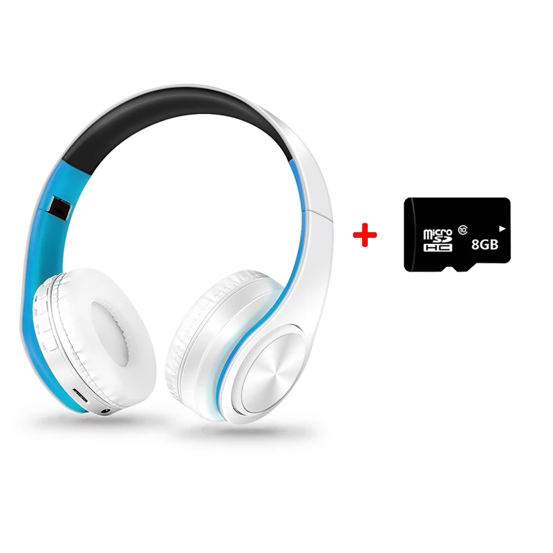 Blue-White-TF Card Беспроводные наушники гарнитура Bluetooth Складные регулируемые наушники с микрофоном Поддержка FM радио TF карта 3,5 мм AUX - Цвет: Blue-White-TF Card