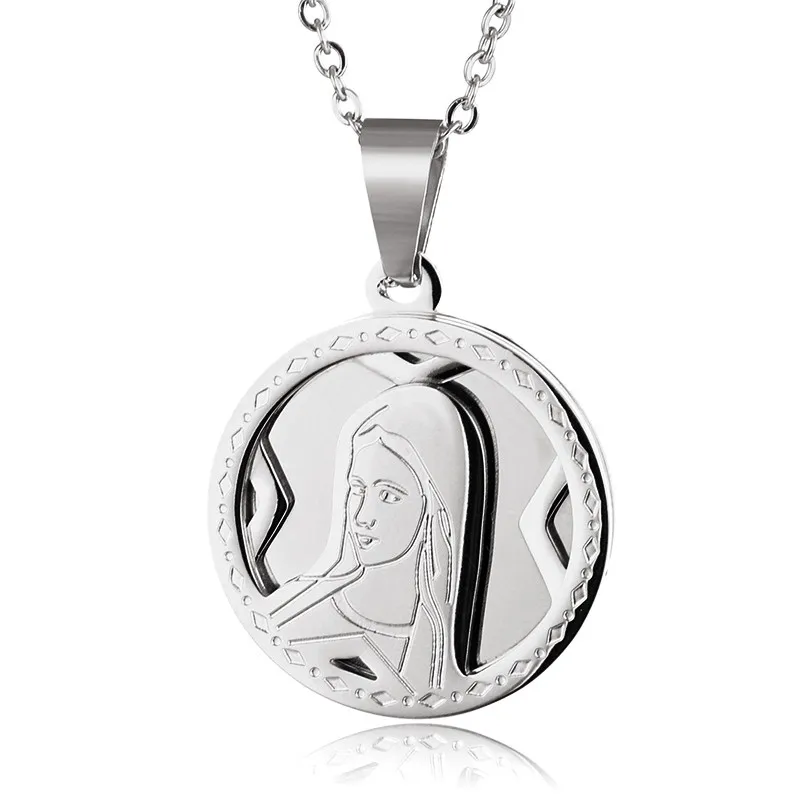 Silver Католическое ожерелье Девы Марии Золотая цепь из нержавеющей стали круглая медаль Девы Guadalupe Кулоны ожерелье s для религиозного ювелирных изделий - Окраска металла: Silver
