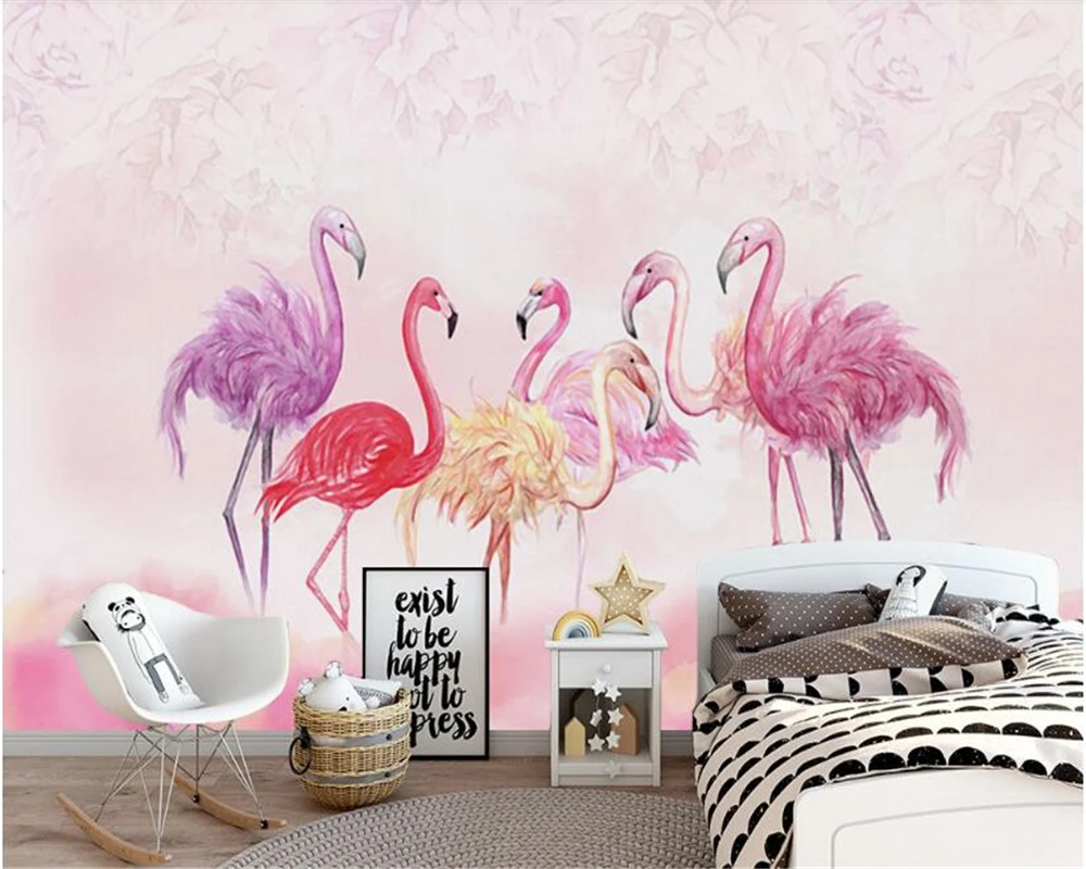 beibehang Custom personalized decorative 3d wallpaper Nordic hand-painted flamingos pink children's room backdrop papier peint |