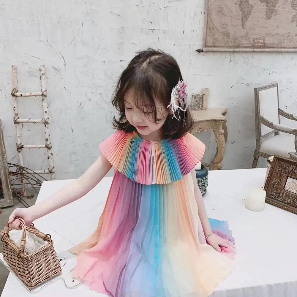 

Summer Teenage Girl Chiffon Pleated Dress Rainbow Striped kids Dresses Baby Girl Clothes Sleeveless Kids Vestidos Princess Dress