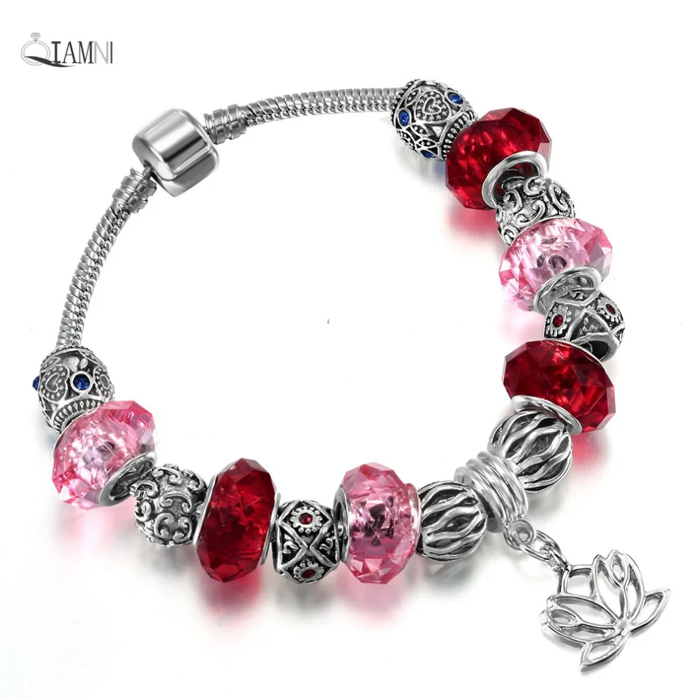 QIAMNI Шарм подарок подвеска в виде лотоса красные бусины из муранского стекла