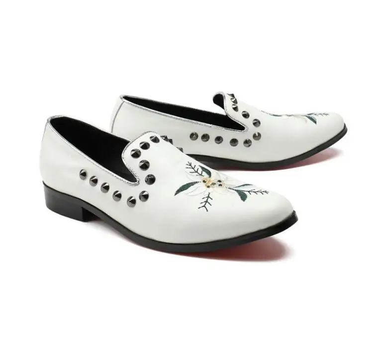 2018 New Genuine Leather Men Oxford Shoes rivets studded embroidery Casual Business shoes white Slip-on party office | Обувь