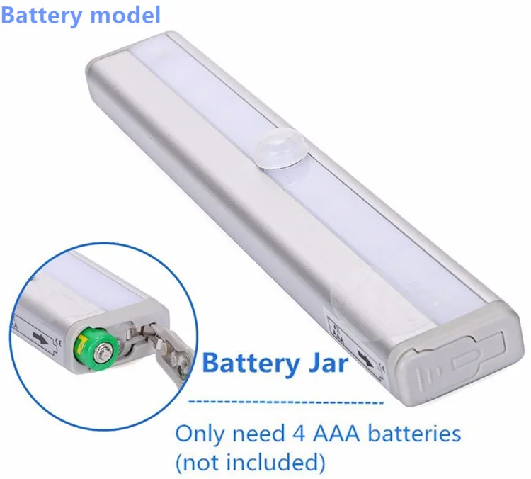 4xAAA battery model USB Перезаряжаемый под шкаф светильник ing 10Led PIR датчик движения Ночной светильник WW/W портативная наклейка беспроводной внутренний шкаф светильник - Цвет: 4xAAA battery model