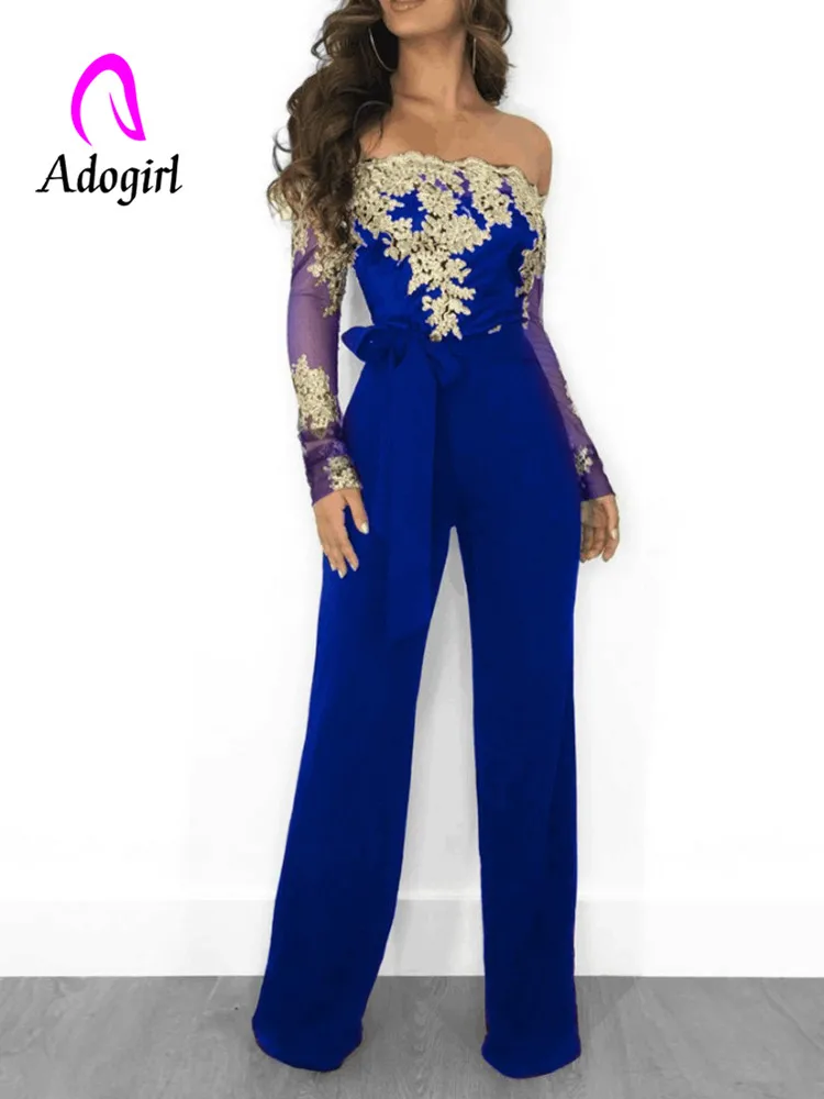 Adogirl golden embroidery jumpsuits wide leg long sleeve slash neck Water soluble lace jumpsuit floral suit | Женская одежда