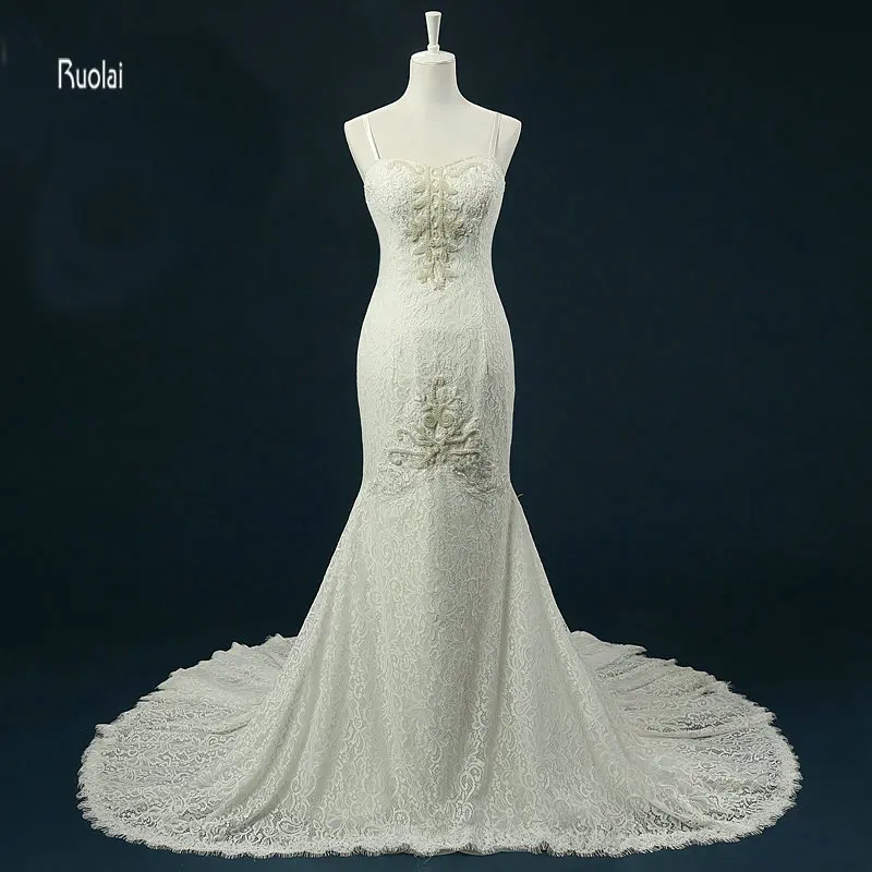 Кружевное свадебное платье Русалочки 2018 с длинным шлейфом и жемчугом милое