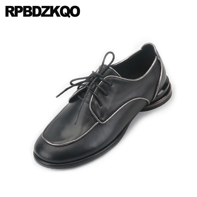 Женские лакированные оксфорды на шнуровке винтажные черные туфли из натуральной