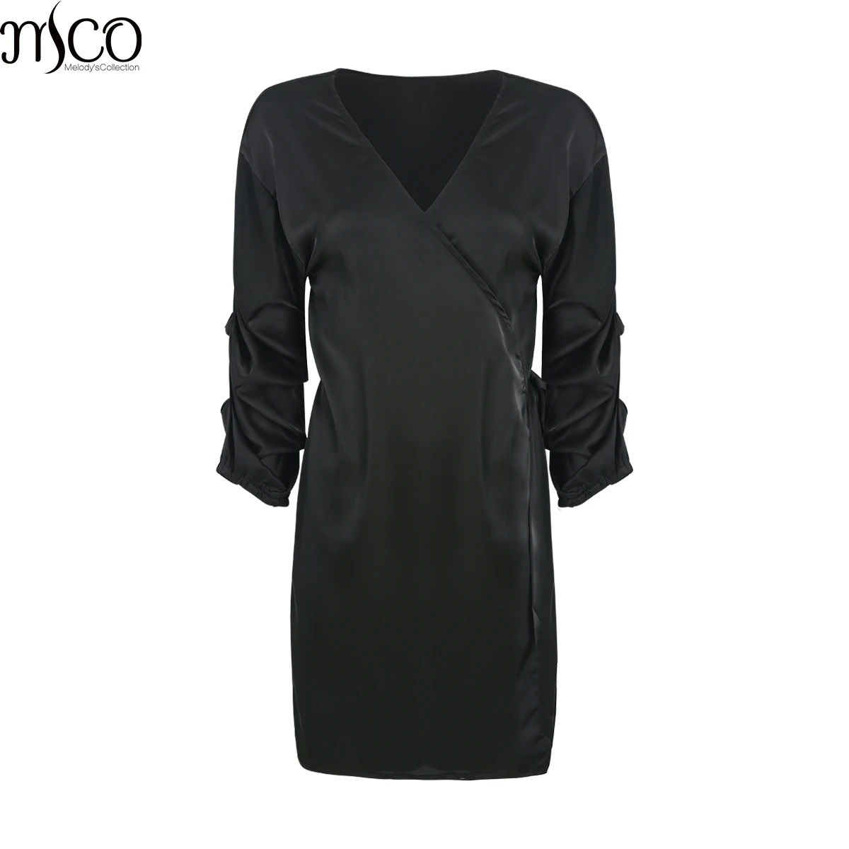 MCO 2018 осень Rouched 3/4 рукава плюс размер обертывание платье секси галстук Талия над