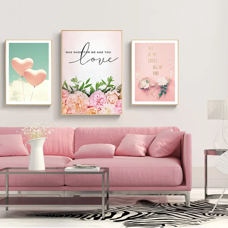 Постер с милыми цветами пион розовый воздушный шар Картина на холсте