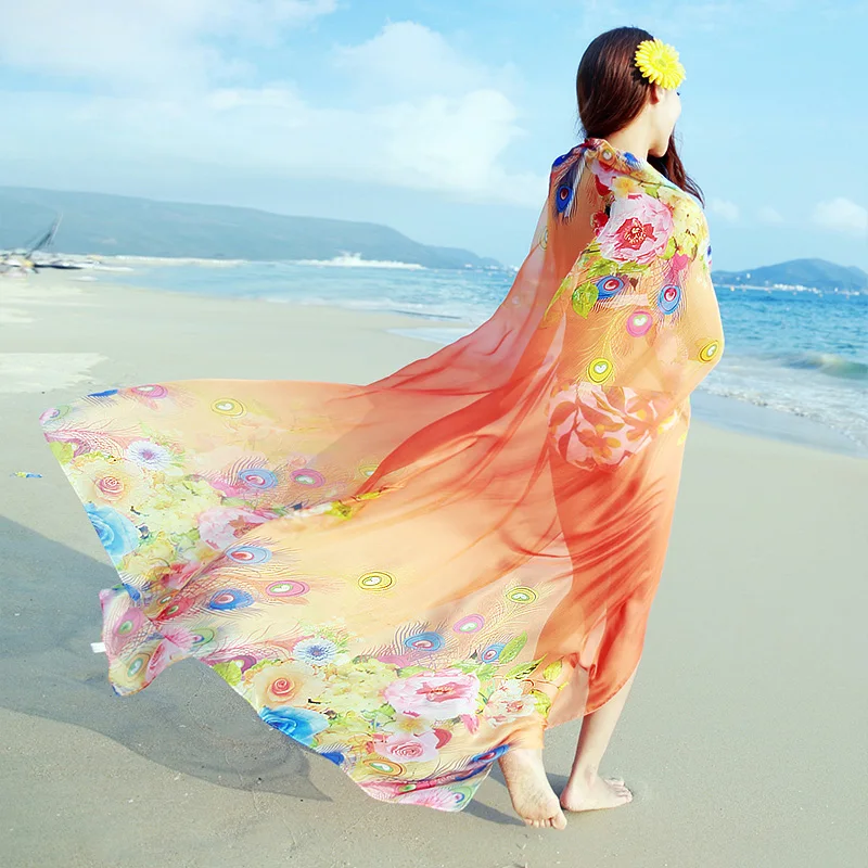 

Female Silk Scarf Summer Sun Protection Long Printed Air Conditioning Shawl Women Outside Seaside Sunscreen Beach Scarves H3168