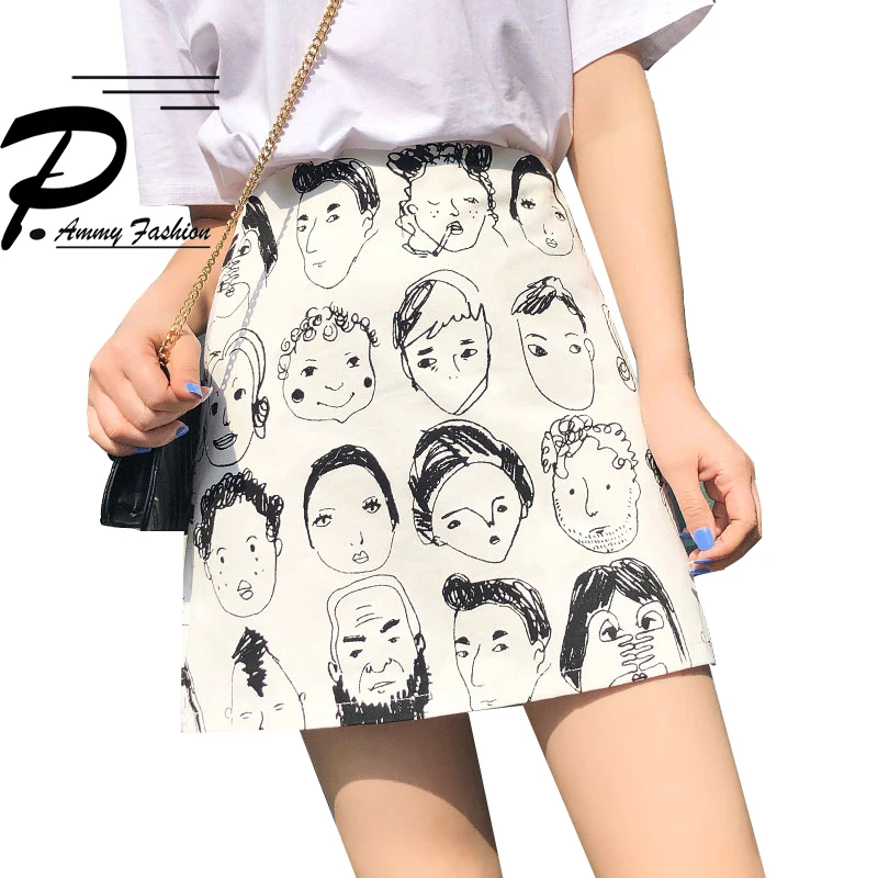 Human Head Print Summer Mini Skirt Women Graffiti High waist skirt A-line kawaii Female Skirts Sexy Short student |