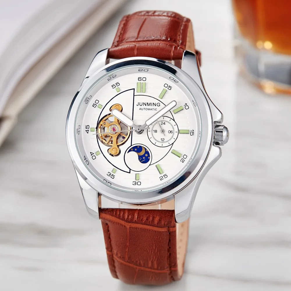 

Fashion Moon Phrase Skeleton Mechanical Wristwatch Men Leather Band Unique Dial Male Self Wind Clock Relogio Masculine