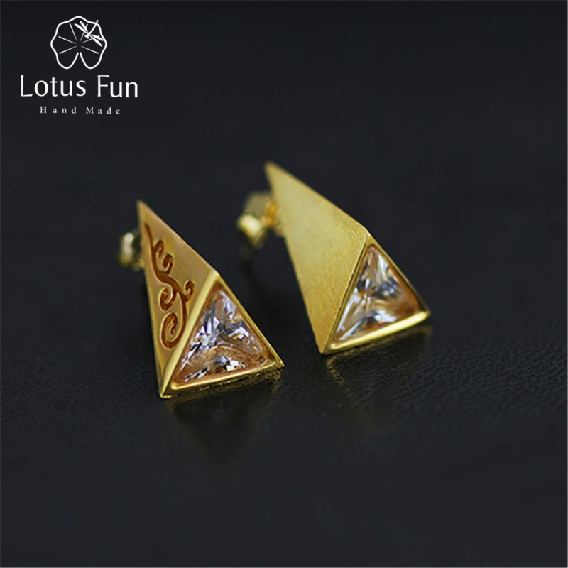 Lotus Fun реальные 925 Серебро Природный творческий ручной работы ювелирных украшений Винтаж Пирамида серьги стержня для женщин brincos