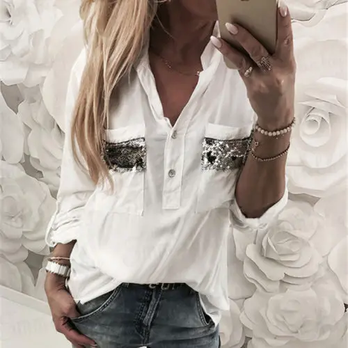

Trendy New Women Shirt Pockets Casual Tops Long Sleeve Sequins Buttons V Neck Loose Top Ladies Blouse