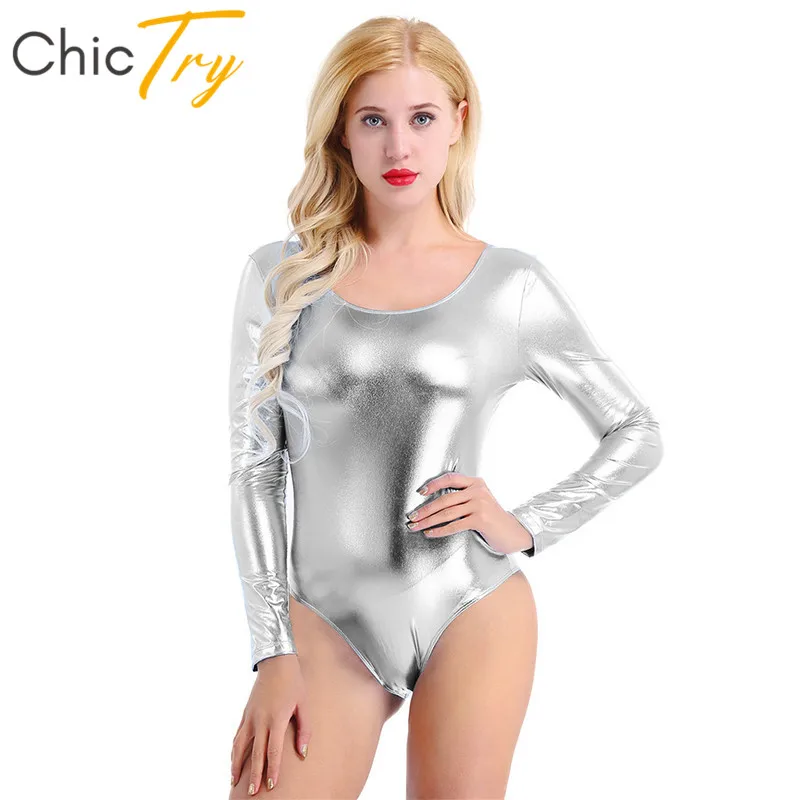 

ChicTry Women Shiny Patent Leather Ballet Leotard Adult Long Sleeve Professional Gymnastics Leotard Bodysuit Stage Dance Costume