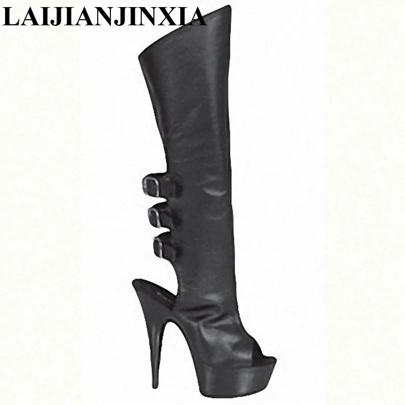 Night Club High Leather Women's Shoes Black Patent Leather With Sexy 15CM High Heel Boots Dance Shoes