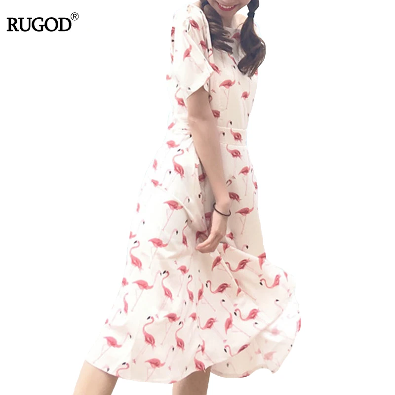 Rugod Swan Print Midi Dress 2017 Women Short Sleeve O-neck Cotton Boho Femme Summer Casual Party Beach Vestidos | Женская одежда