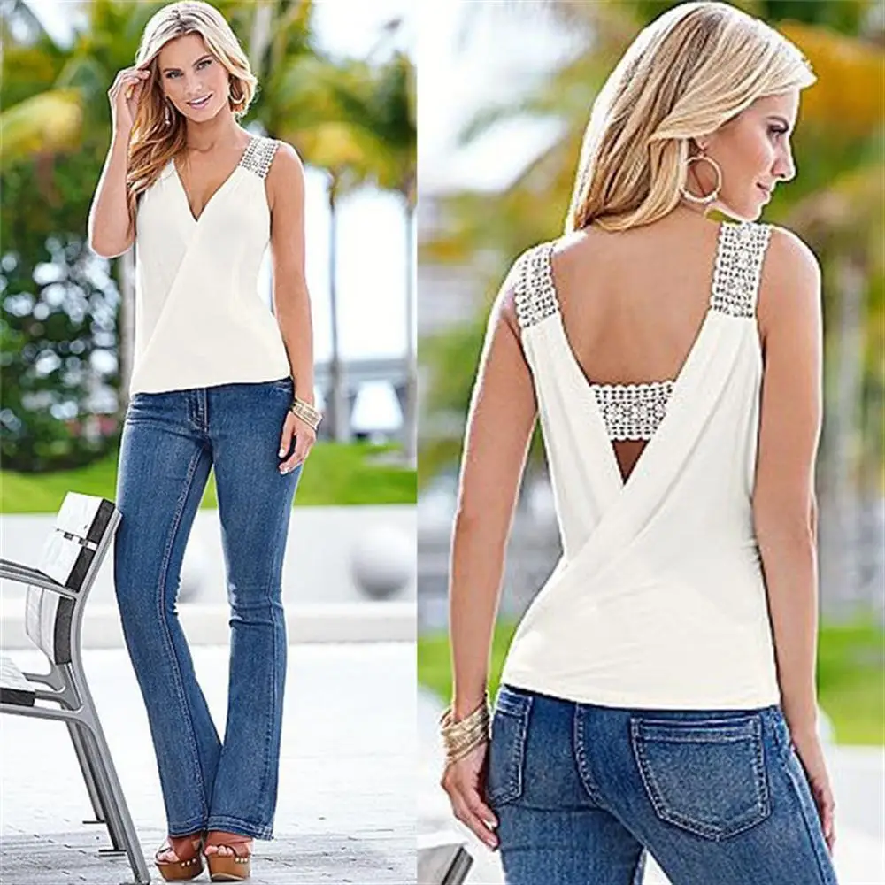 S-XL Модные женские V Летние шифоновые блузки low cut рубашка без рукавов Blusas Femininas