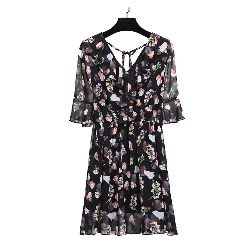 

2019 New summer Women's Dress Leisure Long Section Body Thin Over Knee Fashion Korean Version Flower Short Sleeve Ladies Dresses