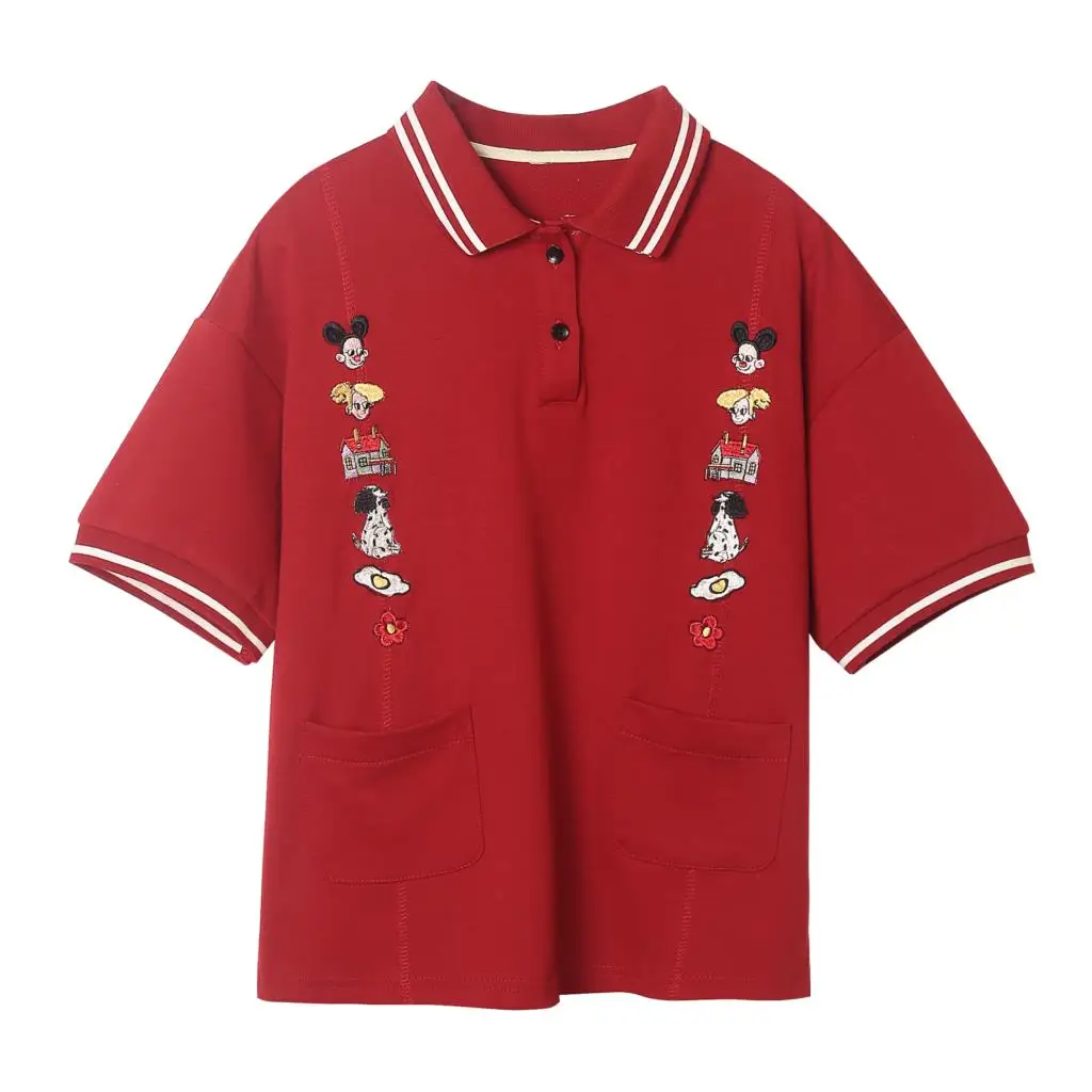 Женская свободная футболка с вышивкой красная хлопковая Футболка мультяшной