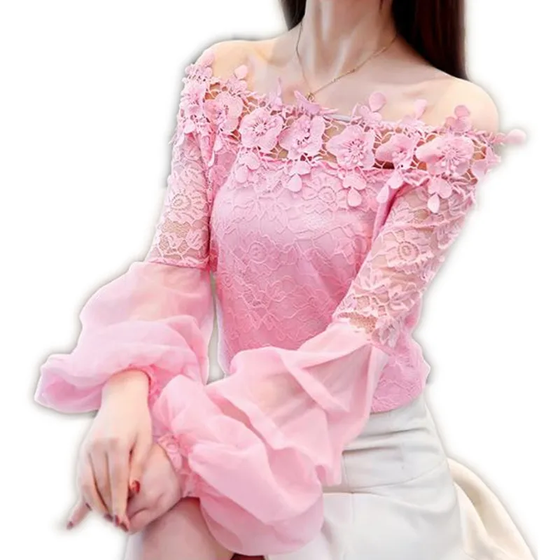 Весна 2019 женские топы с длинным рукавом-фонариком кружевные сексуальные