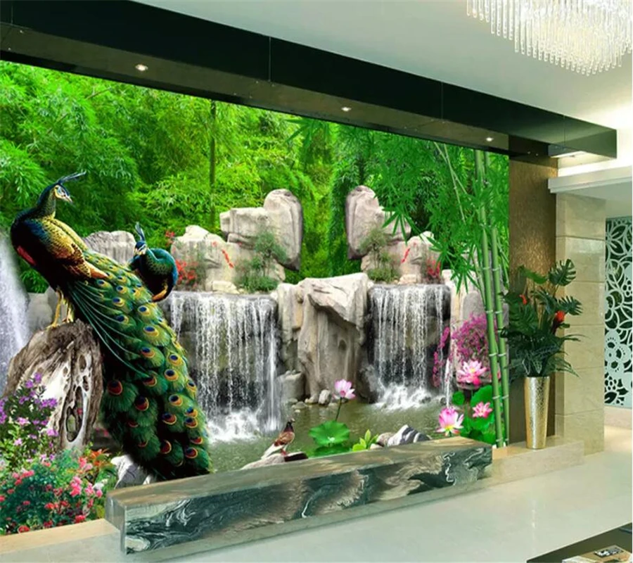 

beibehang papel de parede Custom wallpaper 3D stereo photo mural bamboo forest rockery peacock fresh TV background wall paper