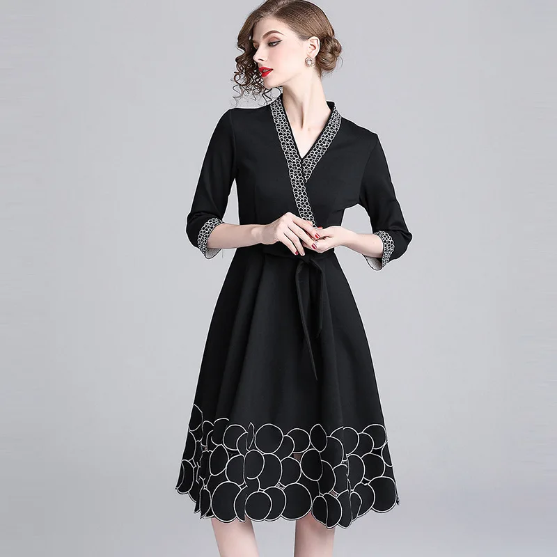 2019 New Black Runway A-line Work Wear Office Dress Womens Ladies Elegant V-neck Embroidery Embroidered Round Belt Dresses | Женская