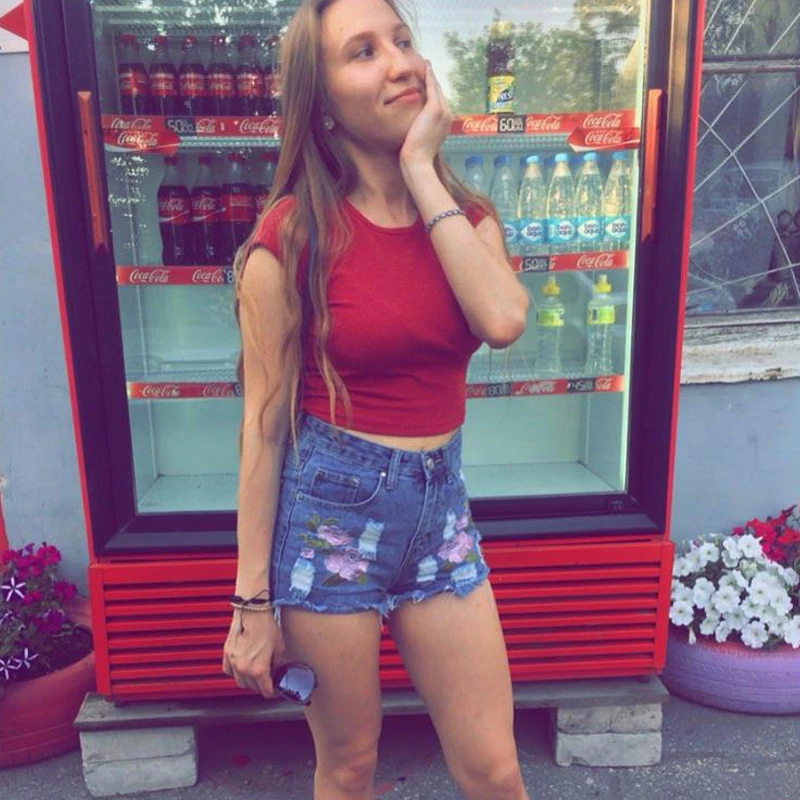 Модные рваные джинсовые шорты с вышивкой высокой талией и цветочным принтом