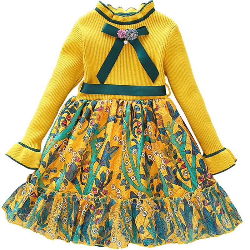 Зимнее платье с цветочным рисунком для девочек весенне-осенний свитер принцессы