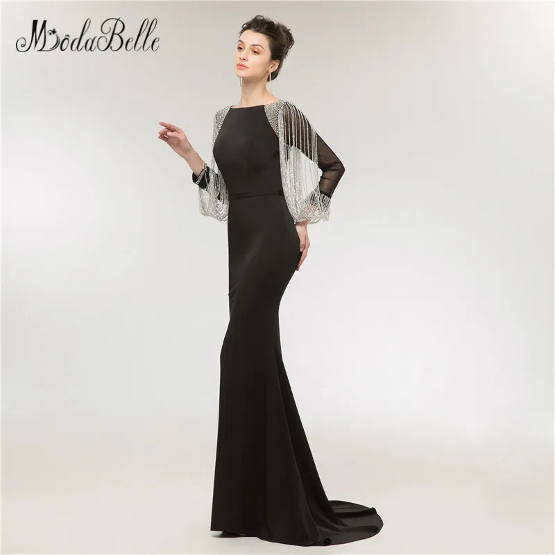 modabelle 2018 Prom Dresses With Sleeves Beaded Crystal Tassel Vestidos Formales Fiesta Mermaid Black Long Evening Gowns