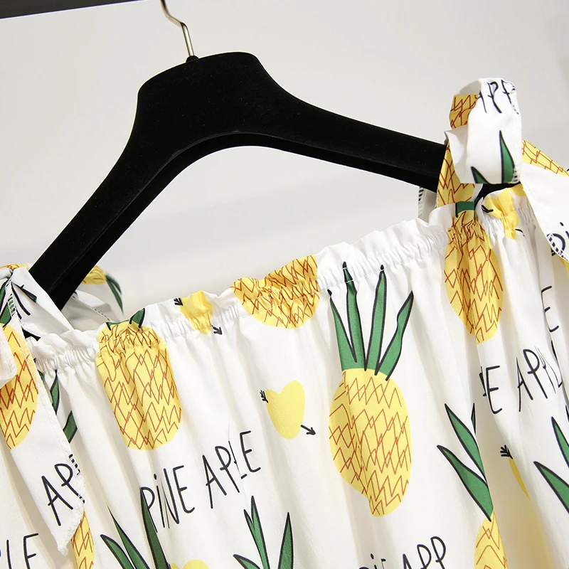 Fashion Summer Women Denim Skirt Set Pineapple Print Off Shoulder Tshirt + Midi Ruffles Jeans Suits Woman Two Piece | Женская одежда