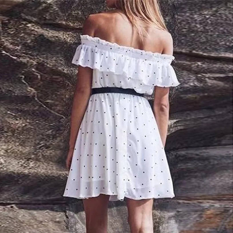 Женское мини-платье в горошек с открытыми плечами вечерние пляжные платья