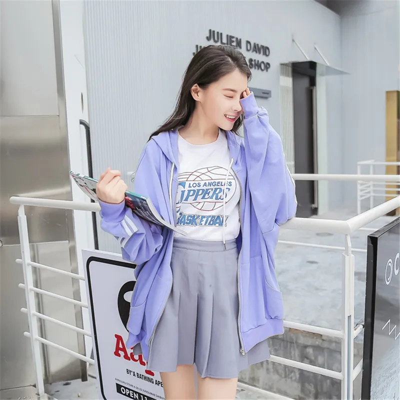 2019 Spring and Autumn New Women Sweatshirts Side Stripe Purple Hooded Female Loose Student bf Casual Zipper Jacket SY019 |