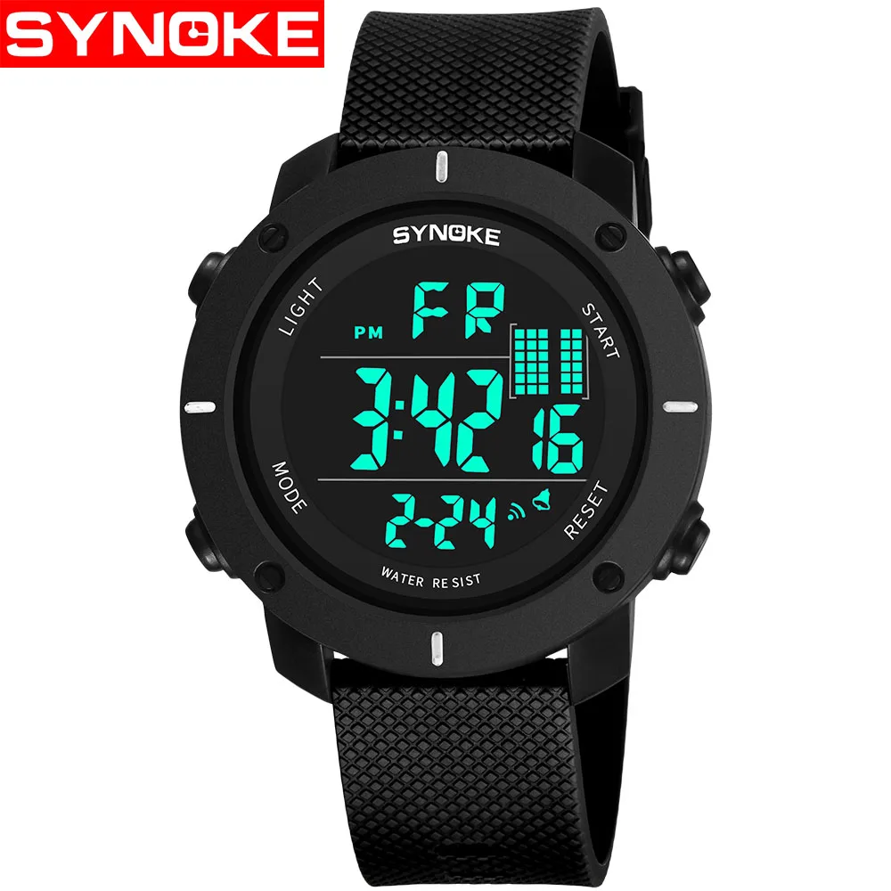Черный SYNOKE Sports Watch Men Digital Watches Waterproof Fashion Electronic Wristwatches Date Rubber Clock Black Military Watch - Цвет: Черный