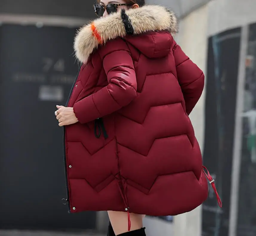 2019 зимние женские длинные хлопковые пальто шапка с цветным меховым воротником