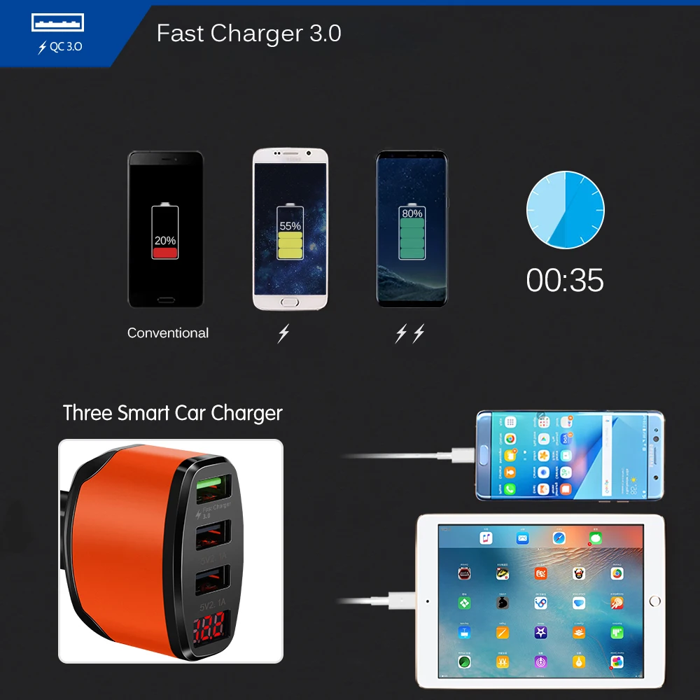 Автомобильное зарядное устройство Powstro 3 0 USB 4 2 А быстрая зарядка Вольтметр для