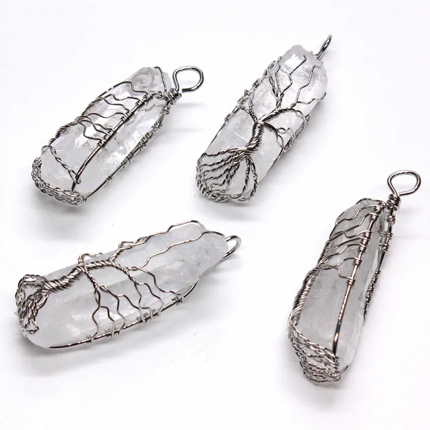KFT Silver Plated Wire Wrapped Tree Of Life Irregular Shape Natural Healing Rock Crystal Quartz Pendulum Stone Pendant Jewelry | Украшения