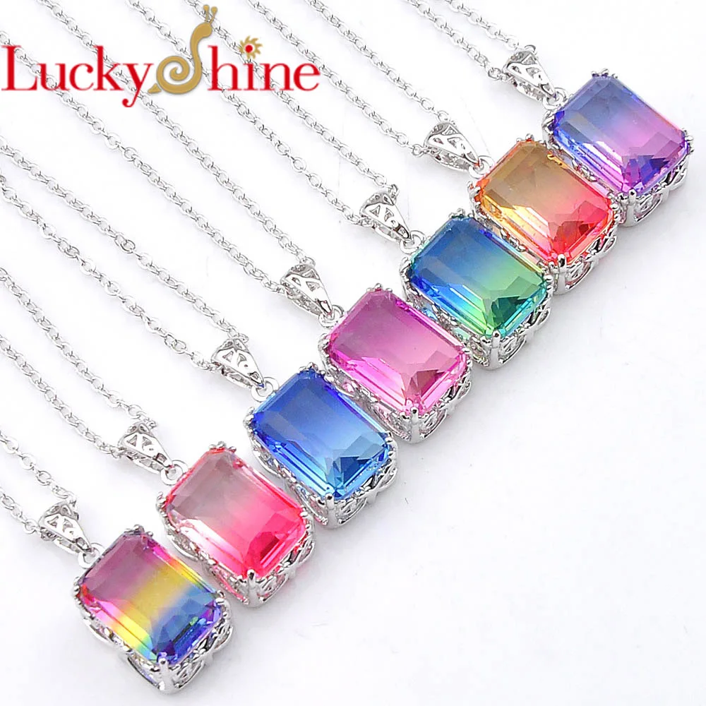 

Luckyshine 7 Pcs/Lot Dreamlined Colored rectangle BI-COLORED Tourmaline Crystal Zircon Silver Fashion Pendant Necklace