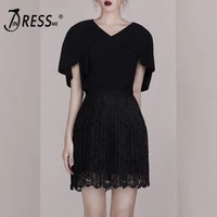 indressme 2019 new sexy short sleeves v neckline tops with lace mini pleated skirt casual style