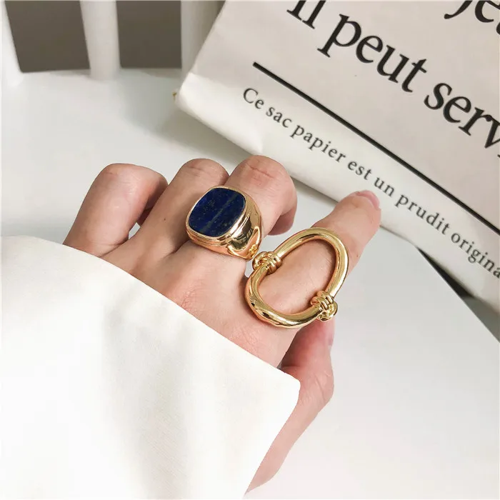 Золотистое металлическое Кольцо Лазурит для женщин Простые геометрические