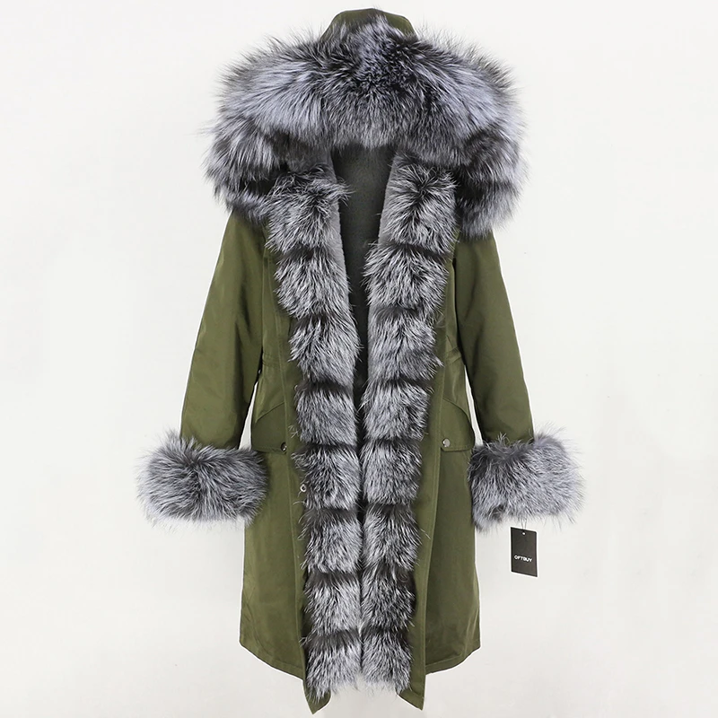 green silver Зимняя куртка женская X-long Parka непромокаемая Верхняя одежда натуральный мех пальто натуральный Лисий Мех капюшон Роскошная Верхняя одежда Съемная бренд - Цвет: green silver